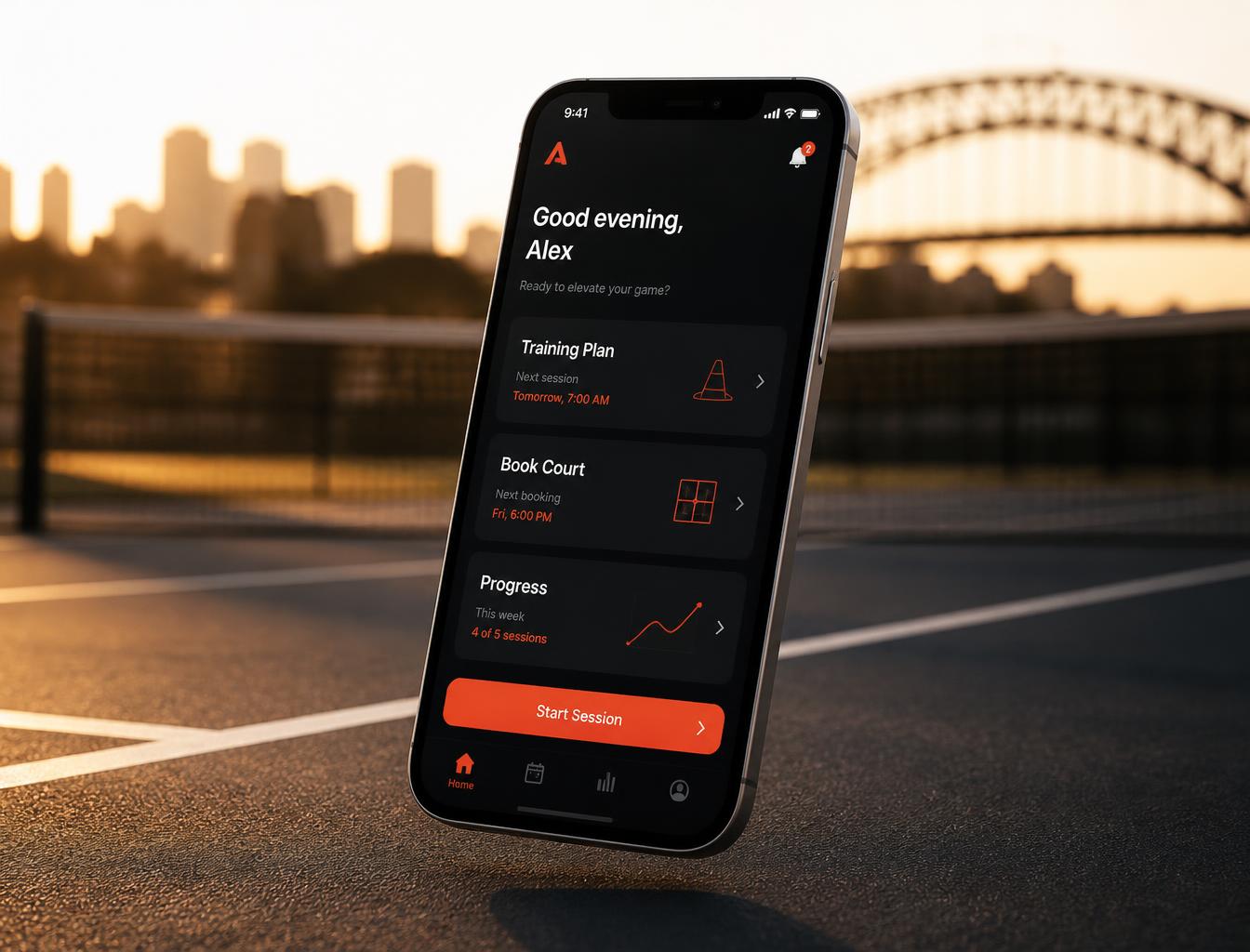Primal Active Portal app on a phone at a Sydney tennis court